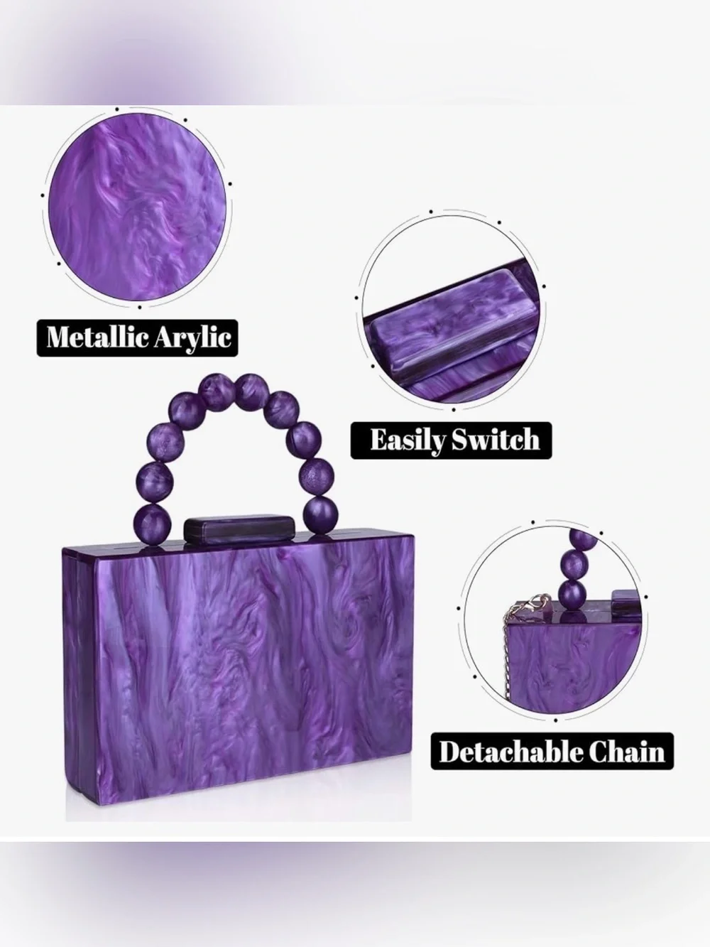 Purple Acrylic Evening Box Clutch with Beaded Handle